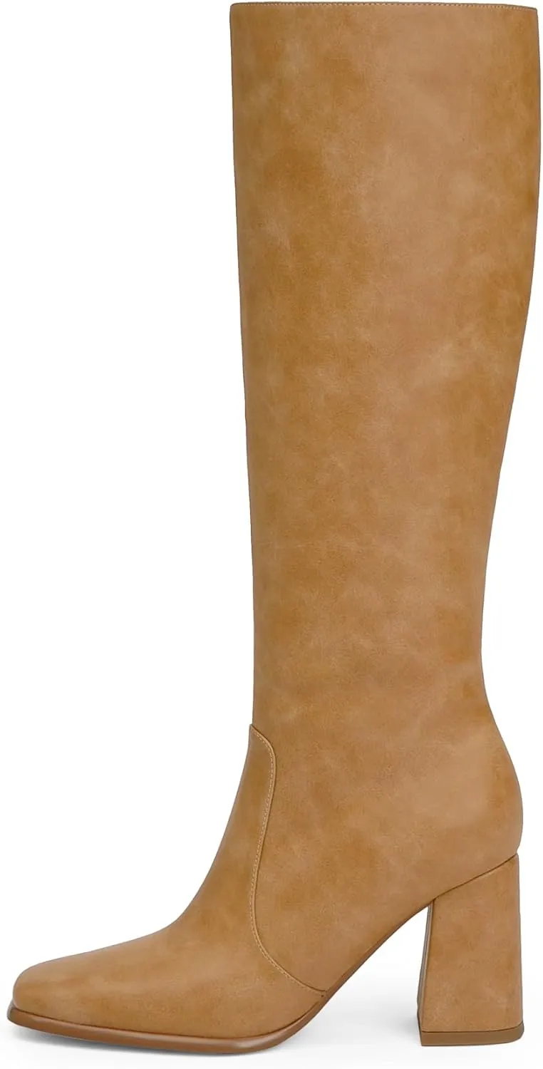 Modatope Knee High Boots Women Chunky Heel Square Toe Tall Boot for Women High Heel Side Zipper Long Boots