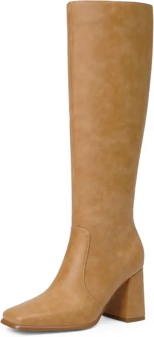 Modatope Knee High Boots Women Chunky Heel Square Toe Tall Boot for Women High Heel Side Zipper Long Boots