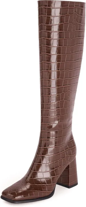 Modatope Knee High Boots Women Chunky Heel Square Toe Tall Boot for Women High Heel Side Zipper Long Boots