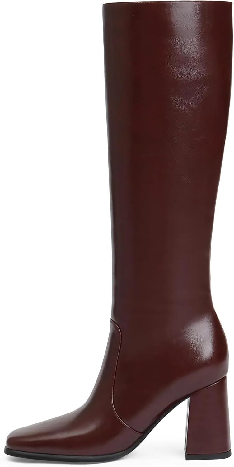 Modatope Knee High Boots Women Chunky Heel Square Toe Tall Boot for Women High Heel Side Zipper Long Boots