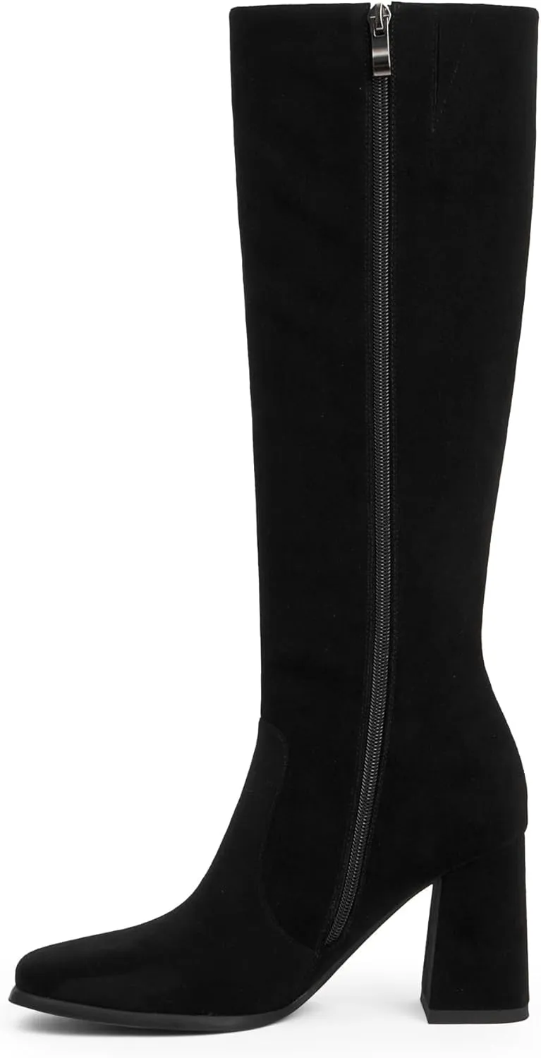 Modatope Knee High Boots Women Chunky Heel Square Toe Tall Boot for Women High Heel Side Zipper Long Boots
