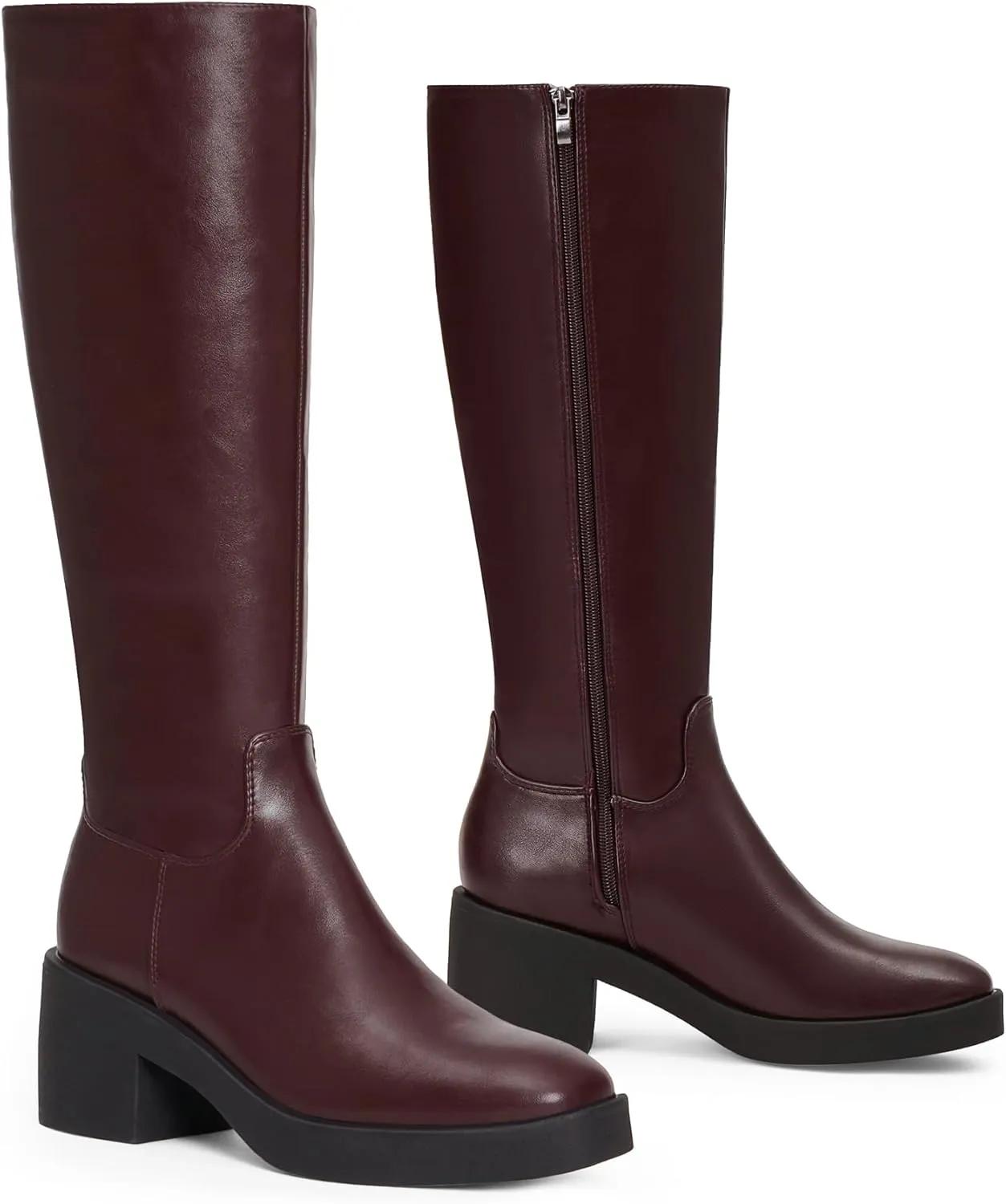 Modatope Platform Knee High Boots Square Toe Chunky Heel Boots for Women Side Zipper Block Heel Womens Heeled Boots