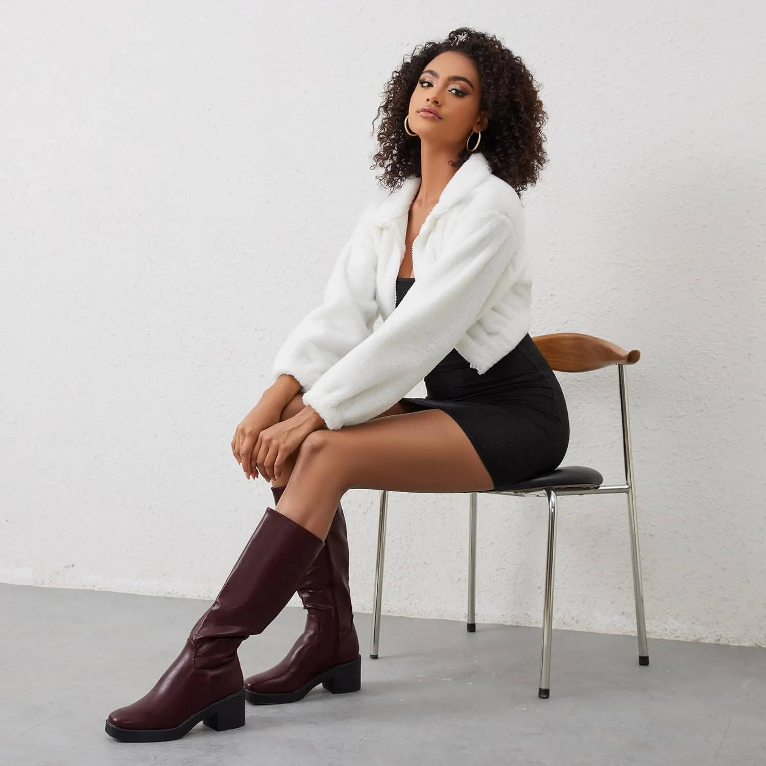 Modatope Platform Knee High Boots Square Toe Chunky Heel Boots for Women Side Zipper Block Heel Womens Heeled Boots