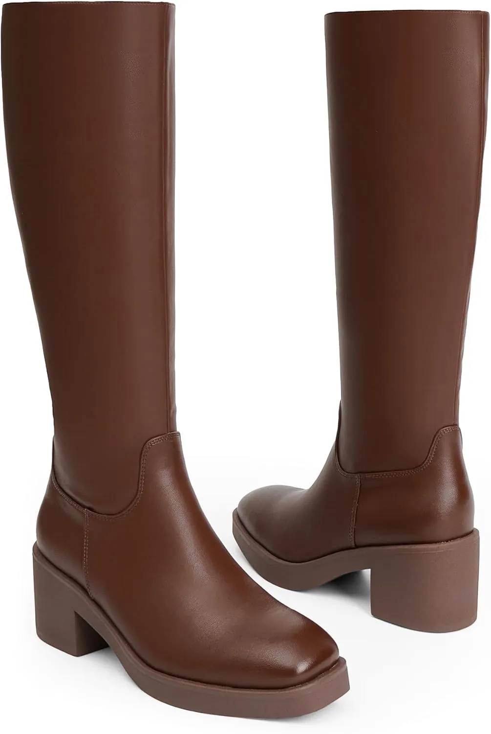 Modatope Platform Knee High Boots Square Toe Chunky Heel Boots for Women Side Zipper Block Heel Womens Heeled Boots