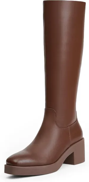 Modatope Platform Knee High Boots Square Toe Chunky Heel Boots for Women Side Zipper Block Heel Womens Heeled Boots