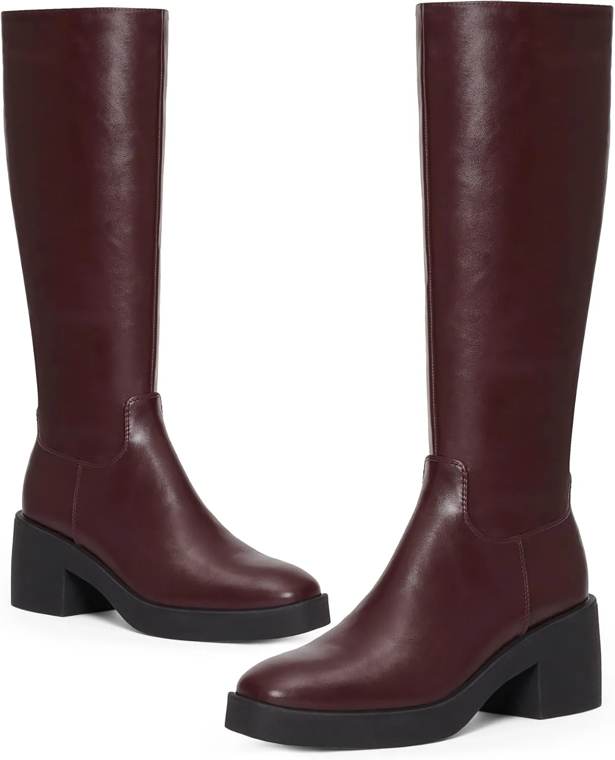 Modatope Platform Knee High Boots Square Toe Chunky Heel Boots for Women Side Zipper Block Heel Womens Heeled Boots