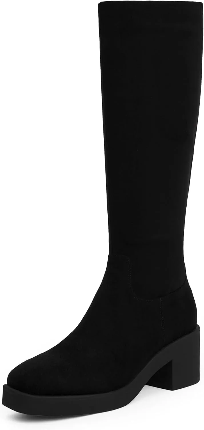 Modatope Platform Knee High Boots Square Toe Chunky Heel Boots for Women Side Zipper Block Heel Womens Heeled Boots