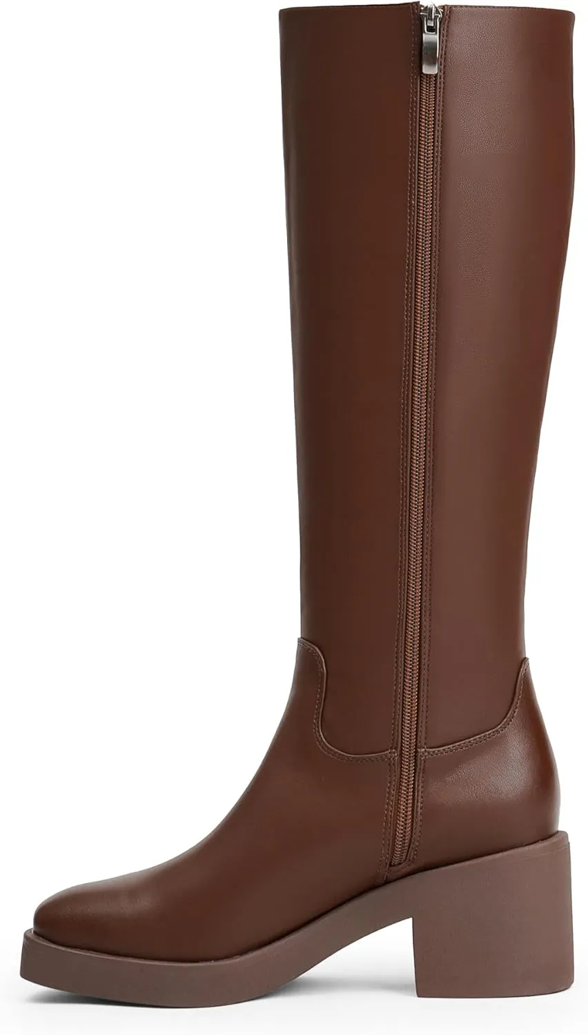Modatope Platform Knee High Boots Square Toe Chunky Heel Boots for Women Side Zipper Block Heel Womens Heeled Boots