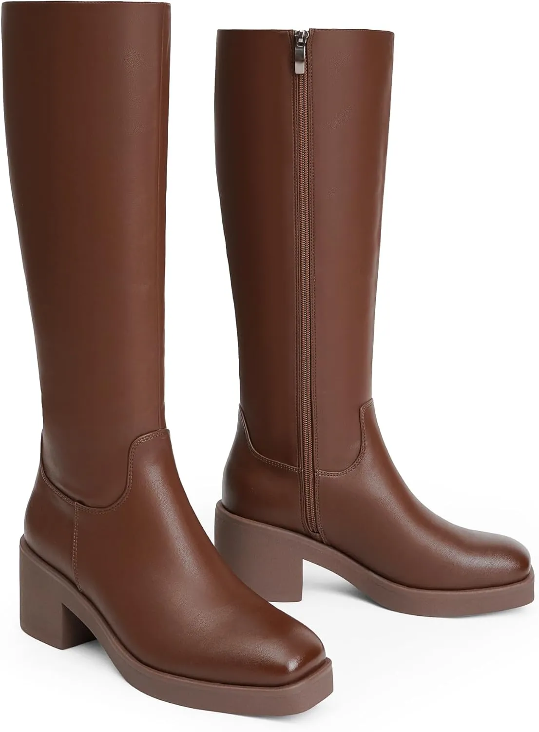 Modatope Platform Knee High Boots Square Toe Chunky Heel Boots for Women Side Zipper Block Heel Womens Heeled Boots