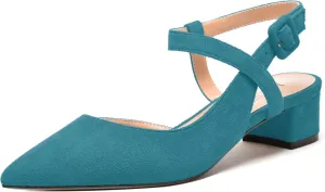 MODENCOCO Womens Comfortable Wedding Suede Pointed Toe Dress Ankle Strap Buckle Chunky Low Heel Pumps Shoes 1.5 Inch