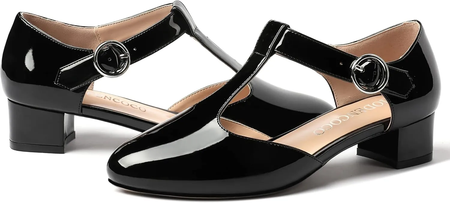 MODENCOCO Women's Round Toe Patent Buckle Dating Fashion T Strap Chunky Low Heel Pumps Dress Shoes 1.5 Inch