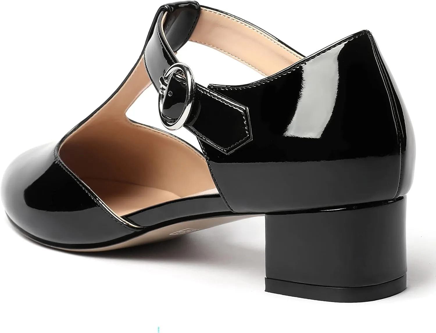 MODENCOCO Women's Round Toe Patent Buckle Dating Fashion T Strap Chunky Low Heel Pumps Dress Shoes 1.5 Inch
