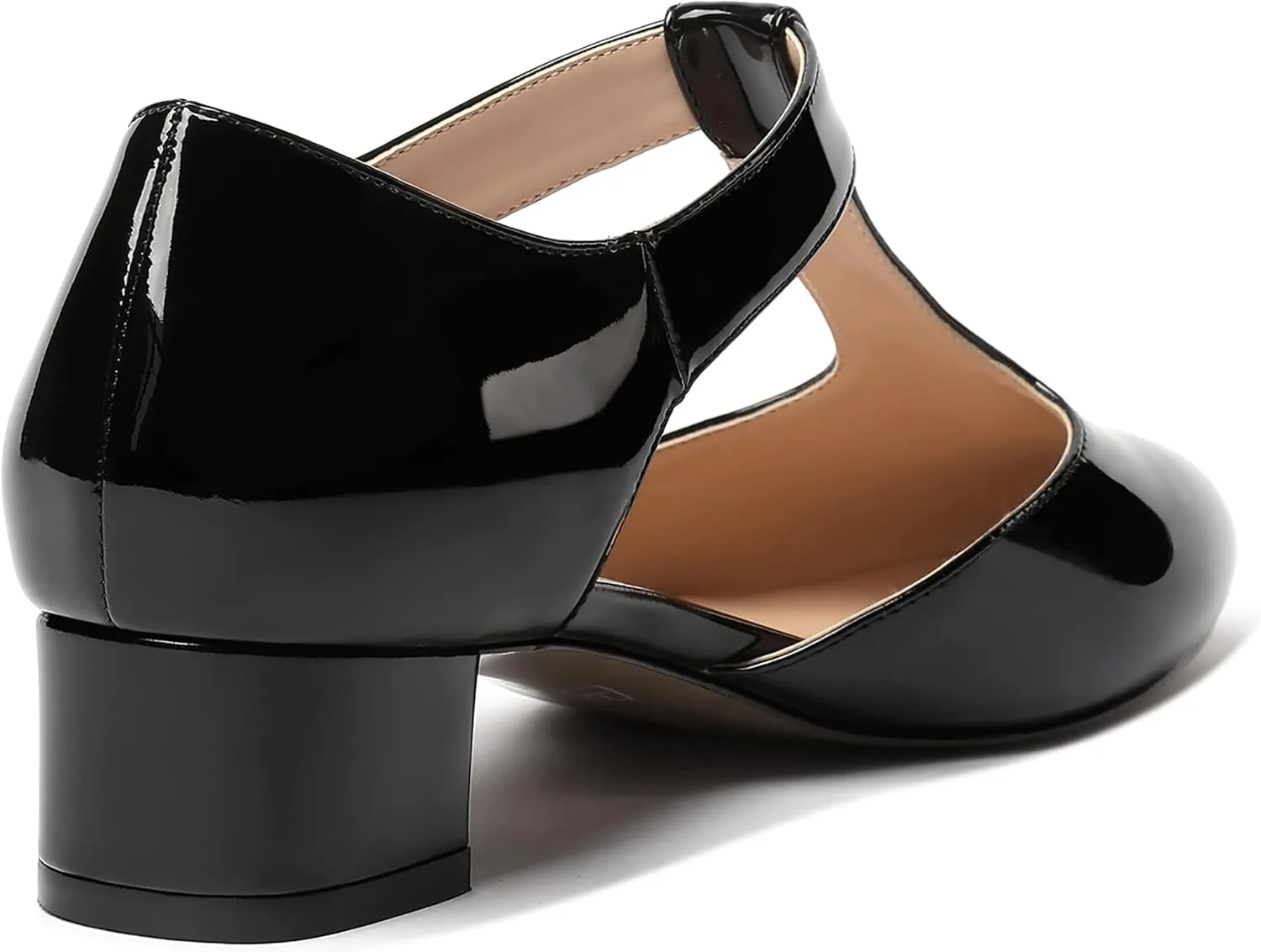 MODENCOCO Women's Round Toe Patent Buckle Dating Fashion T Strap Chunky Low Heel Pumps Dress Shoes 1.5 Inch