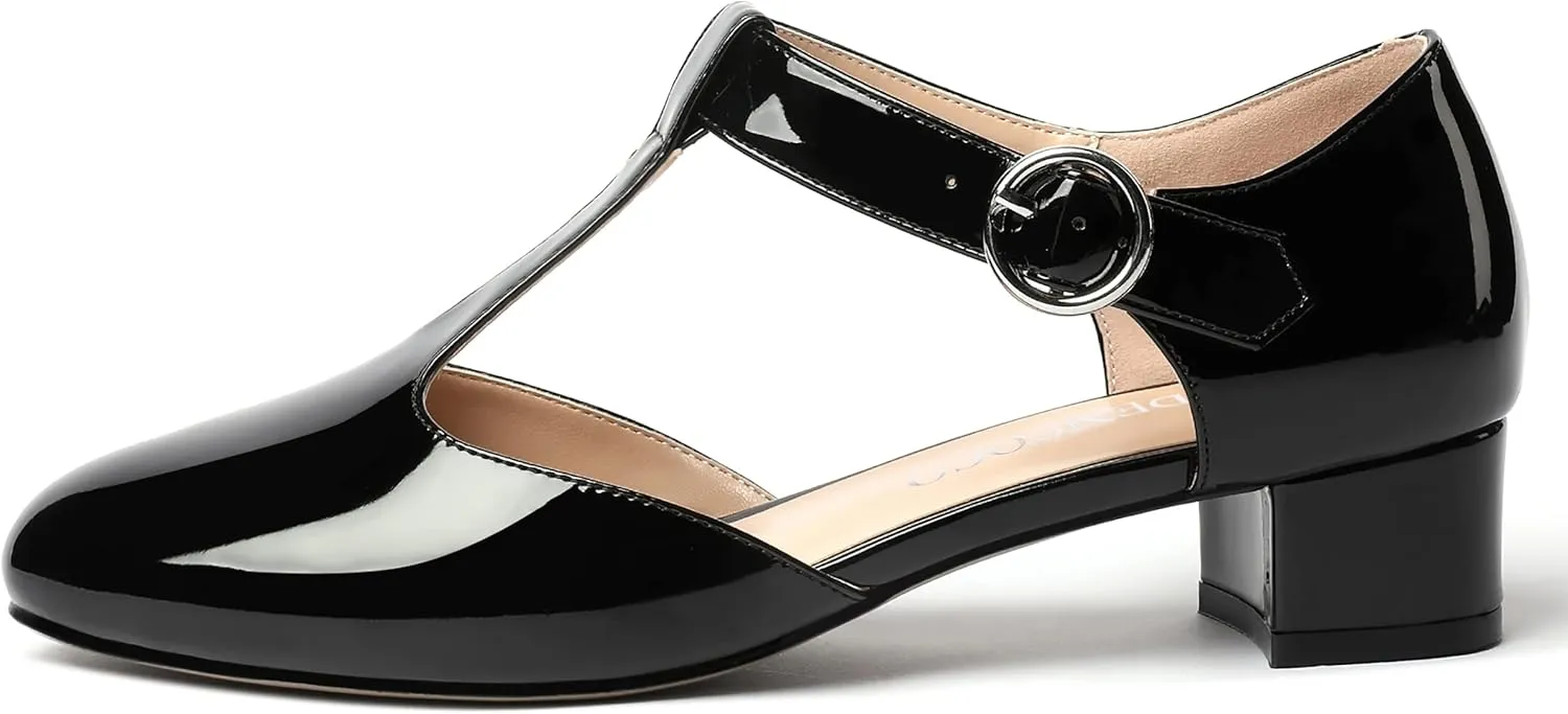 MODENCOCO Women's Round Toe Patent Buckle Dating Fashion T Strap Chunky Low Heel Pumps Dress Shoes 1.5 Inch