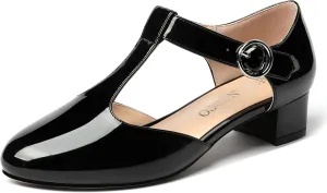 MODENCOCO Women's Round Toe Patent Buckle Dating Fashion T Strap Chunky Low Heel Pumps Dress Shoes 1.5 Inch