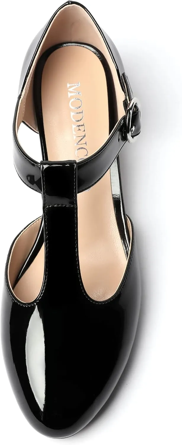 MODENCOCO Women's Round Toe Patent Buckle Dating Fashion T Strap Chunky Low Heel Pumps Dress Shoes 1.5 Inch
