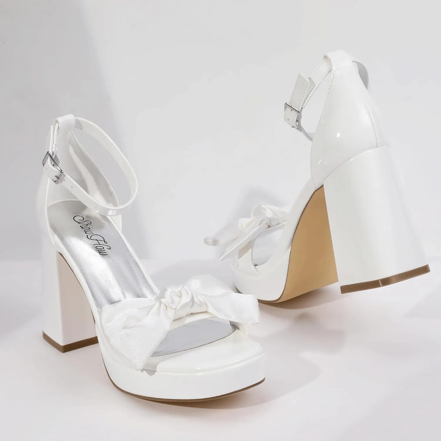 Mofri Showhow Platform Chunky Heels Women's Chunky High Heel Sandals Ankle Strap Open Toe Pump Bowknots Wedding Sandals for Wedding Bridal Party