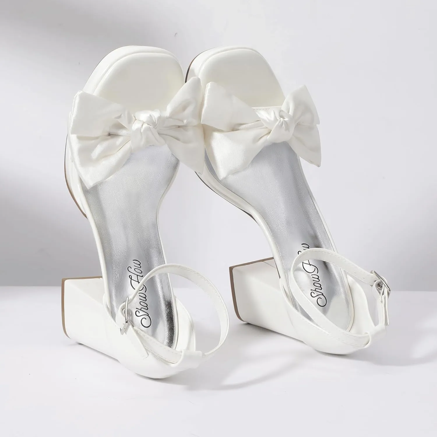 Mofri Showhow Platform Chunky Heels Women's Chunky High Heel Sandals Ankle Strap Open Toe Pump Bowknots Wedding Sandals for Wedding Bridal Party