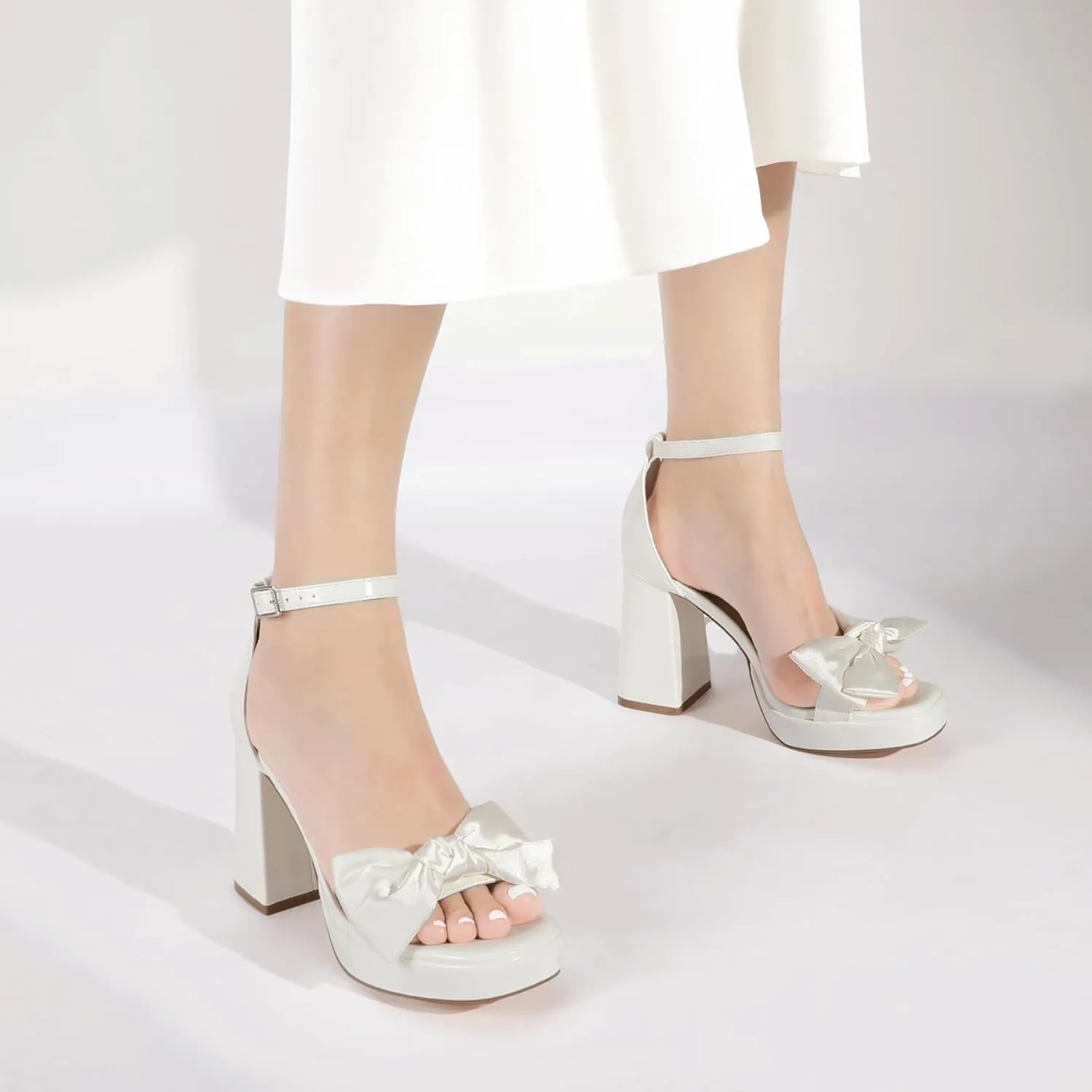 Mofri Showhow Platform Chunky Heels Women's Chunky High Heel Sandals Ankle Strap Open Toe Pump Bowknots Wedding Sandals for Wedding Bridal Party
