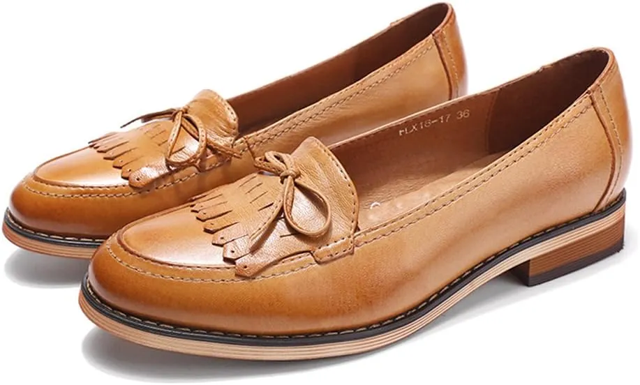 Mona flying Women's Leather Tassel Loafer Dress Casual Slip on Flat Office Work Shoes for Ladies