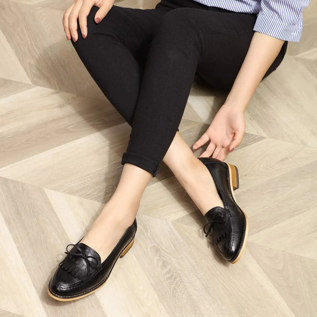 Mona flying Women's Leather Tassel Loafer Dress Casual Slip on Flat Office Work Shoes for Ladies
