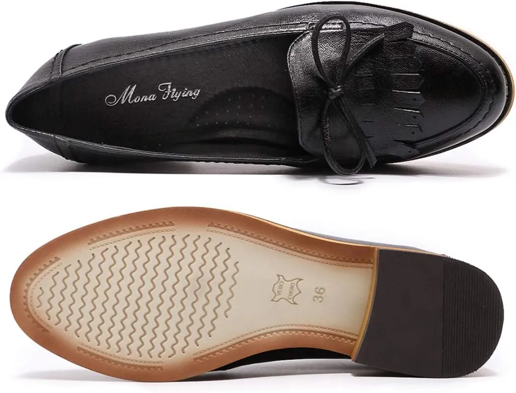 Mona flying Women's Leather Tassel Loafer Dress Casual Slip on Flat Office Work Shoes for Ladies