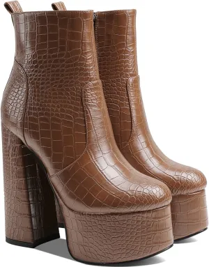 MOOMMO Platform Boots Ankle High Chunky Heel for Women Crocodile Round Toe Stretchy Leather Chelsea Boots Side Zipper Animal Print Combat Booties Sexy Office Party Wedding Prom 4-11 M US