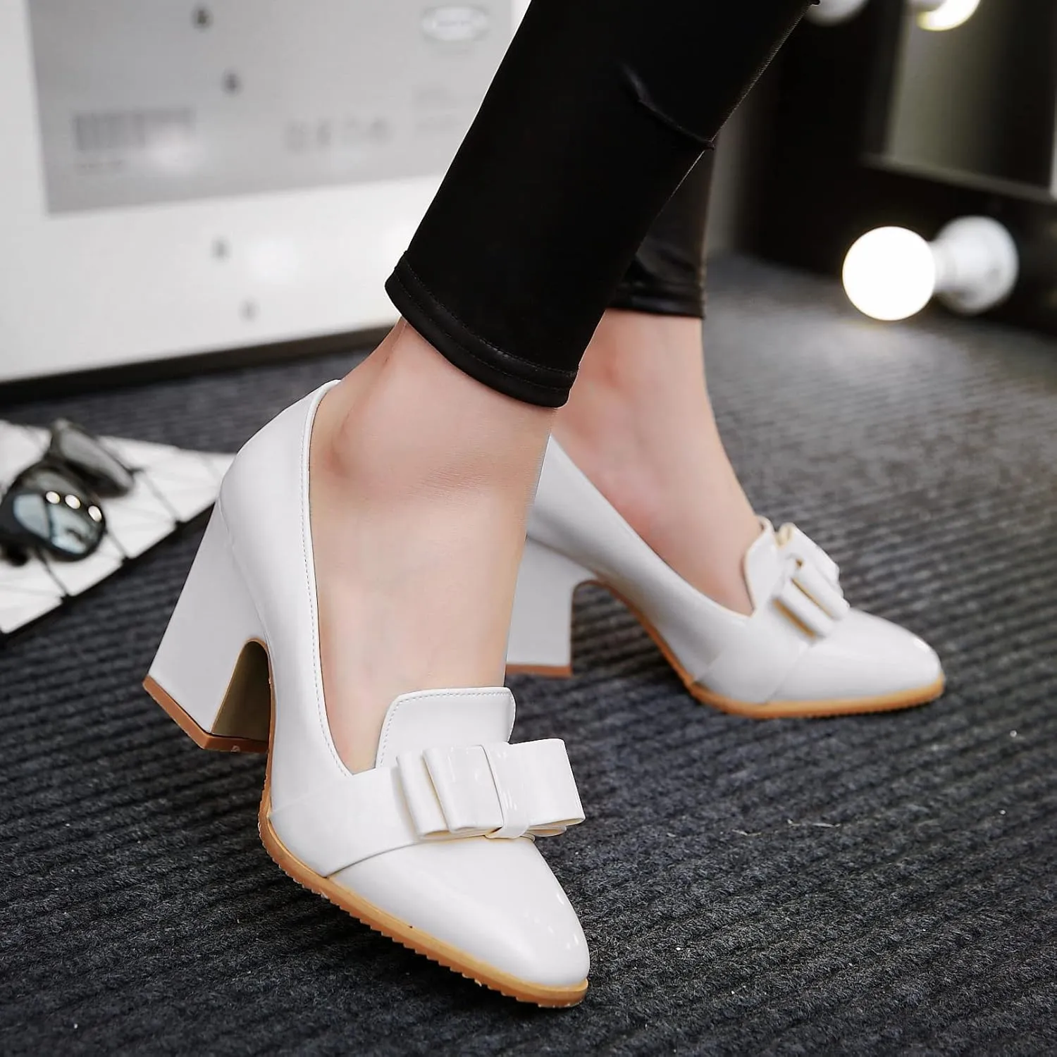MOOMMO Women Chunky Heel Pumps Bowknot Patent Leather Loafers Round Closed Toe Sandals 3.5 Inch High Block Heel Slip On Summer Casual Office Dress Shoes Size 4-11 M US