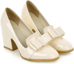 MOOMMO Women Chunky Heel Pumps Bowknot Patent Leather Loafers Round Closed Toe Sandals 3.5 Inch High Block Heel Slip On Summer Casual Office Dress Shoes Size 4-11 M US