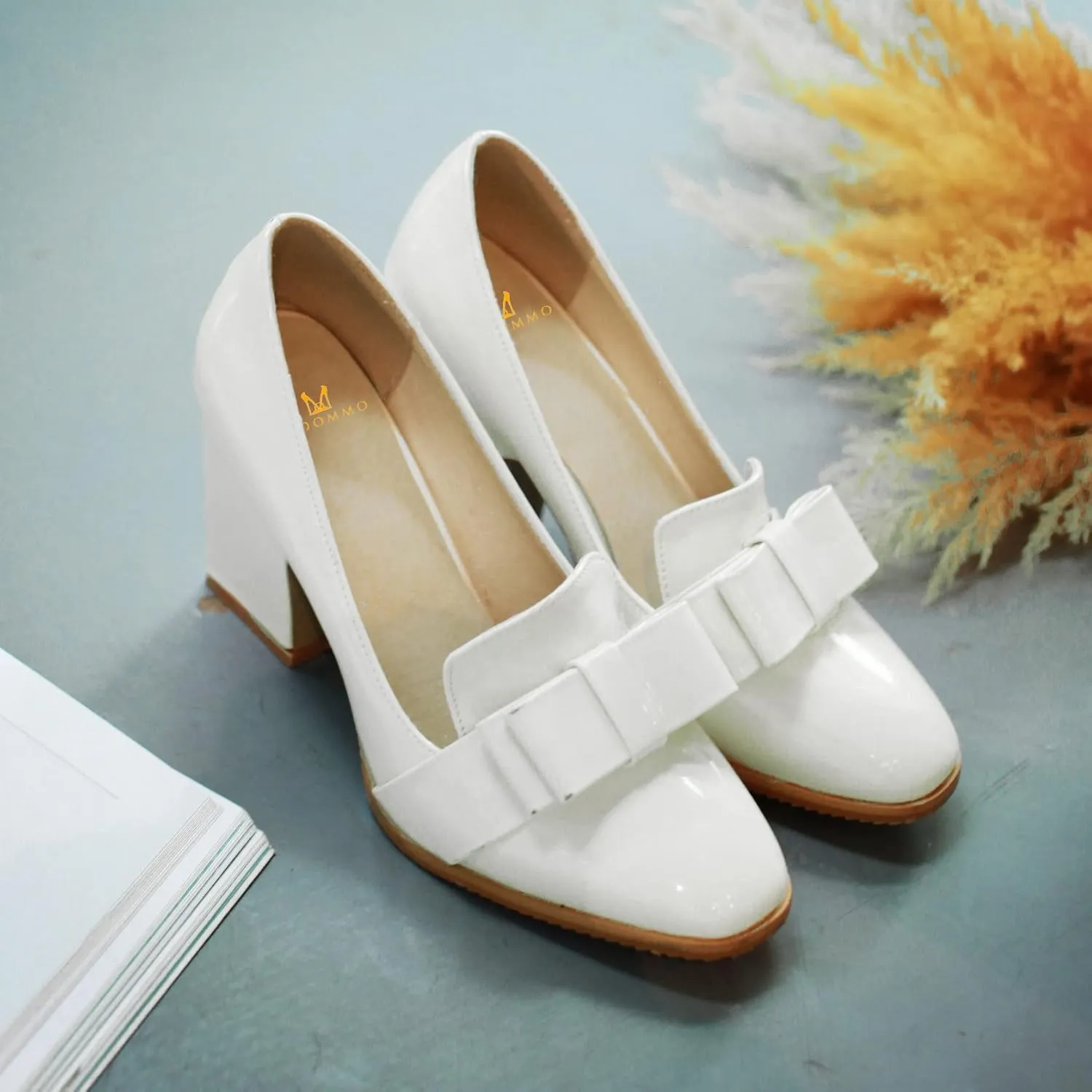 MOOMMO Women Chunky Heel Pumps Bowknot Patent Leather Loafers Round Closed Toe Sandals 3.5 Inch High Block Heel Slip On Summer Casual Office Dress Shoes Size 4-11 M US