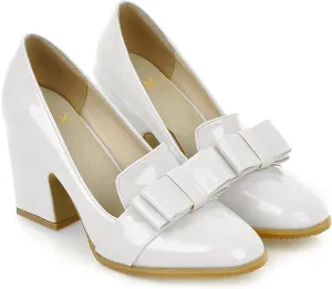 MOOMMO Women Chunky Heel Pumps Bowknot Patent Leather Loafers Round Closed Toe Sandals 3.5 Inch High Block Heel Slip On Summer Casual Office Dress Shoes Size 4-11 M US