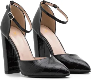 MOOMMO Women Pointed Toe Chunky Pumps Ankle Strap High Heel Summer Sandals 4 Inch Block Heel Crocodile Pattern Closed Toe Buckle Fashion Wedding Office Dress Comfortable Shoes Size 4-13 M US