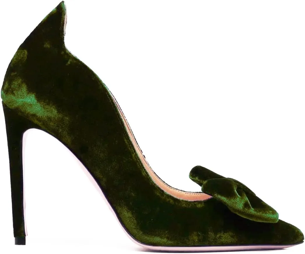 MOOMMO Women Velvet High Heels Pumps with Bows Sexy Pointed Toe Slip On Suede Pump 4 Inch Stilettos Heels Dress Shoes Cut-Out Ladies Bridal Wedding Party Evening Shoes Vintage Office Winter 4-11 M US
