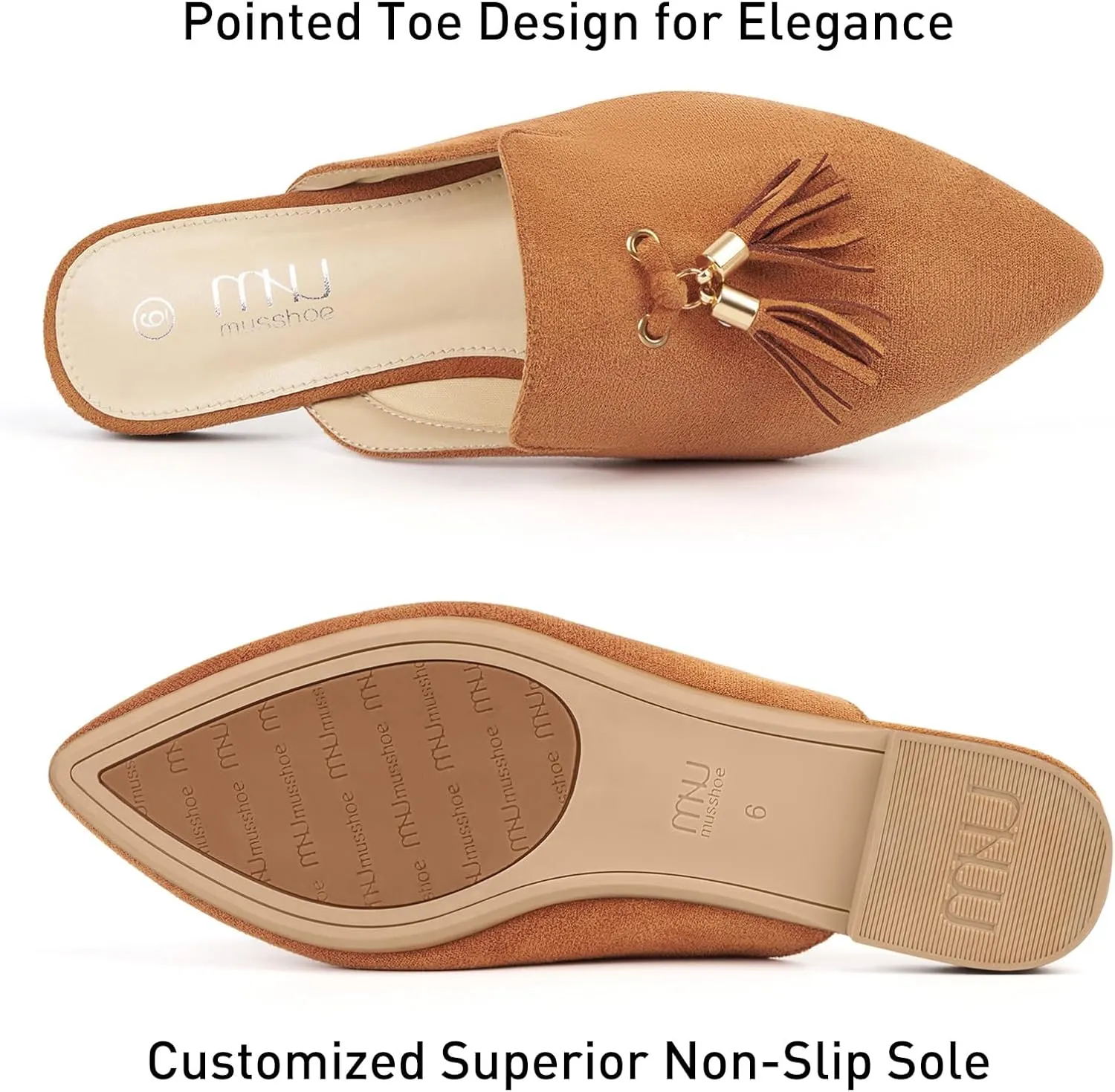 MUSSHOE Mules for Women Comfortable Pointed Toe Backless Slip-on Slides Loafer Flats with Tassels