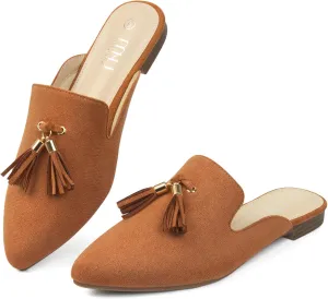MUSSHOE Mules for Women Comfortable Pointed Toe Backless Slip-on Slides Loafer Flats with Tassels