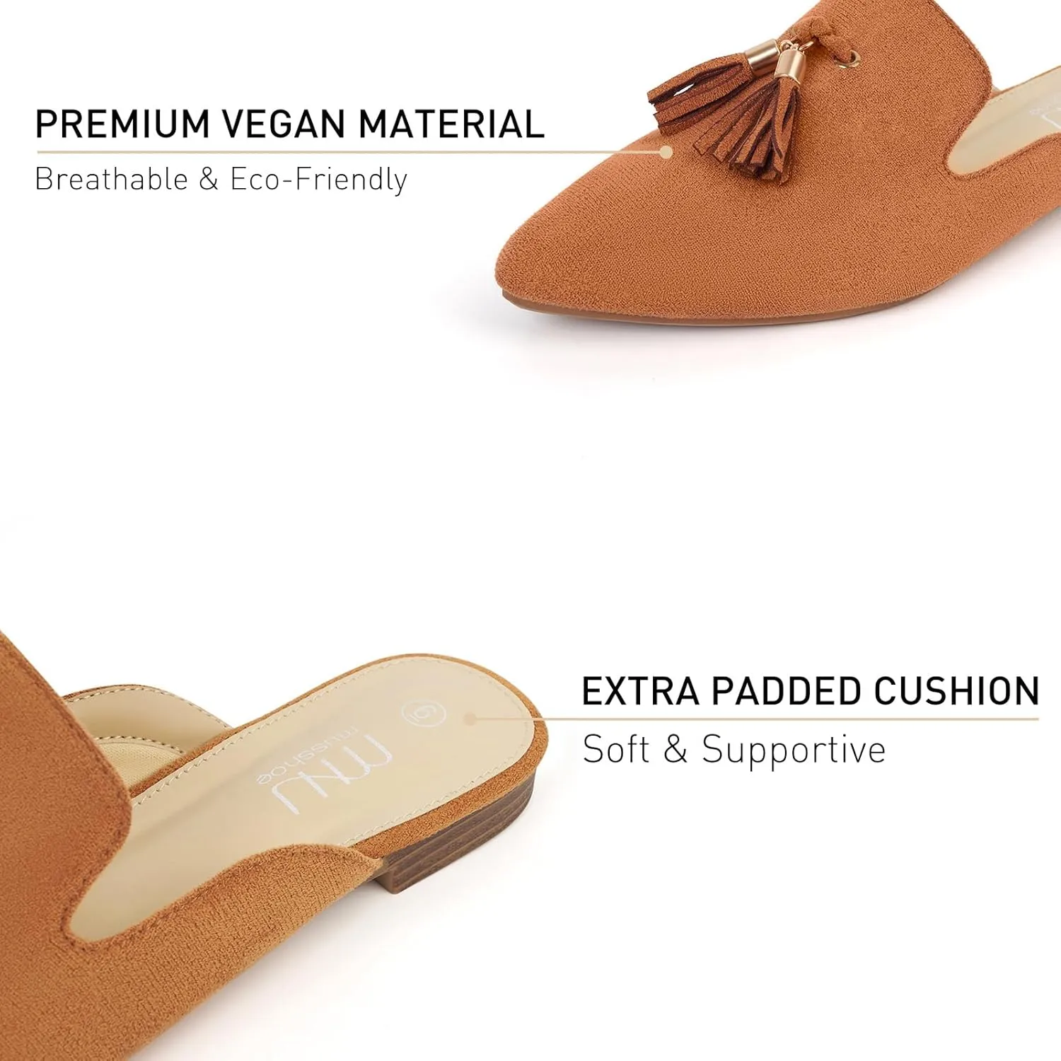 MUSSHOE Mules for Women Comfortable Pointed Toe Backless Slip-on Slides Loafer Flats with Tassels