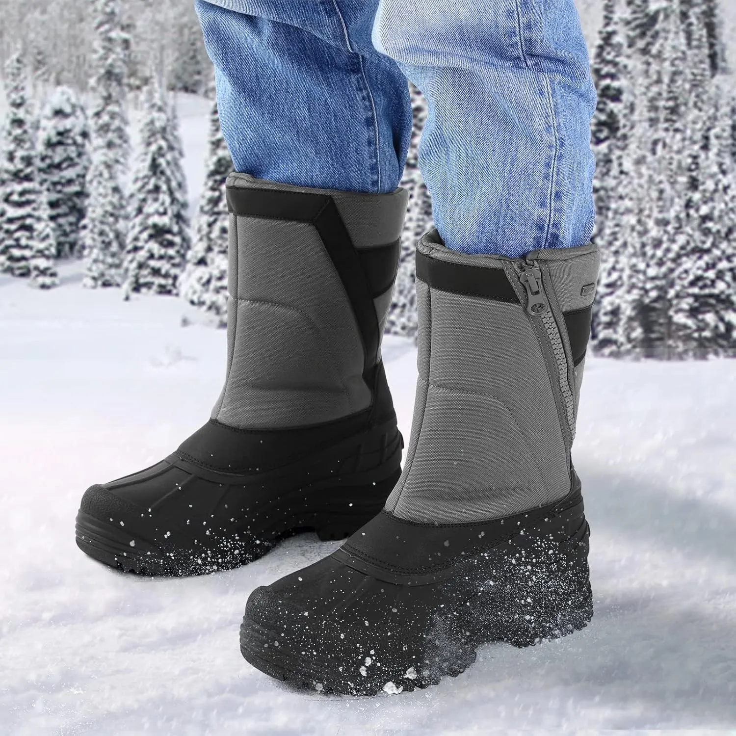 mysoft Men's Winter Snow Boots Mid Calf Waterproof Insulated Fur Lined Warm Anti-Slip Zip Boot