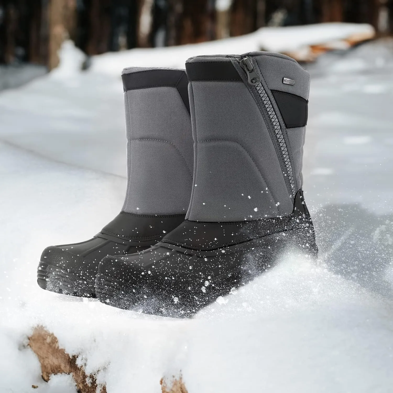 mysoft Men's Winter Snow Boots Mid Calf Waterproof Insulated Fur Lined Warm Anti-Slip Zip Boot