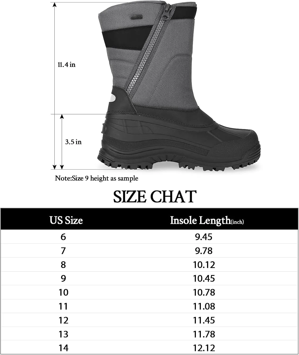 mysoft Men's Winter Snow Boots Mid Calf Waterproof Insulated Fur Lined Warm Anti-Slip Zip Boot