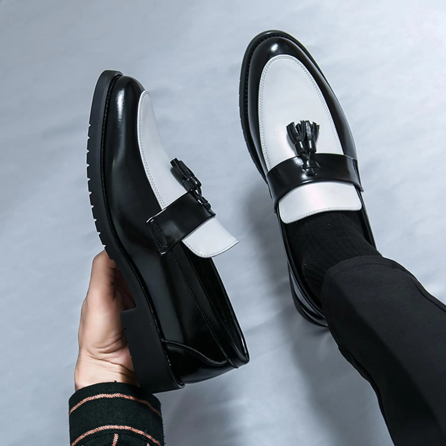 NEKGNL Men's Tassel Slip on Platform Loafers Luxury Round Toe Non-Slip Lug Sole Business Work Office Dress Shoes Summer Breathable Walking Casual Shoes