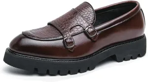NELSBREXMen's Leather Printed Platform Lug Sole Penny Loafers with Double Monk Buckles Vintage Comfortable Slip-On Non-Slip Business Work Formal Shoes Party Wedding Dress Loafers