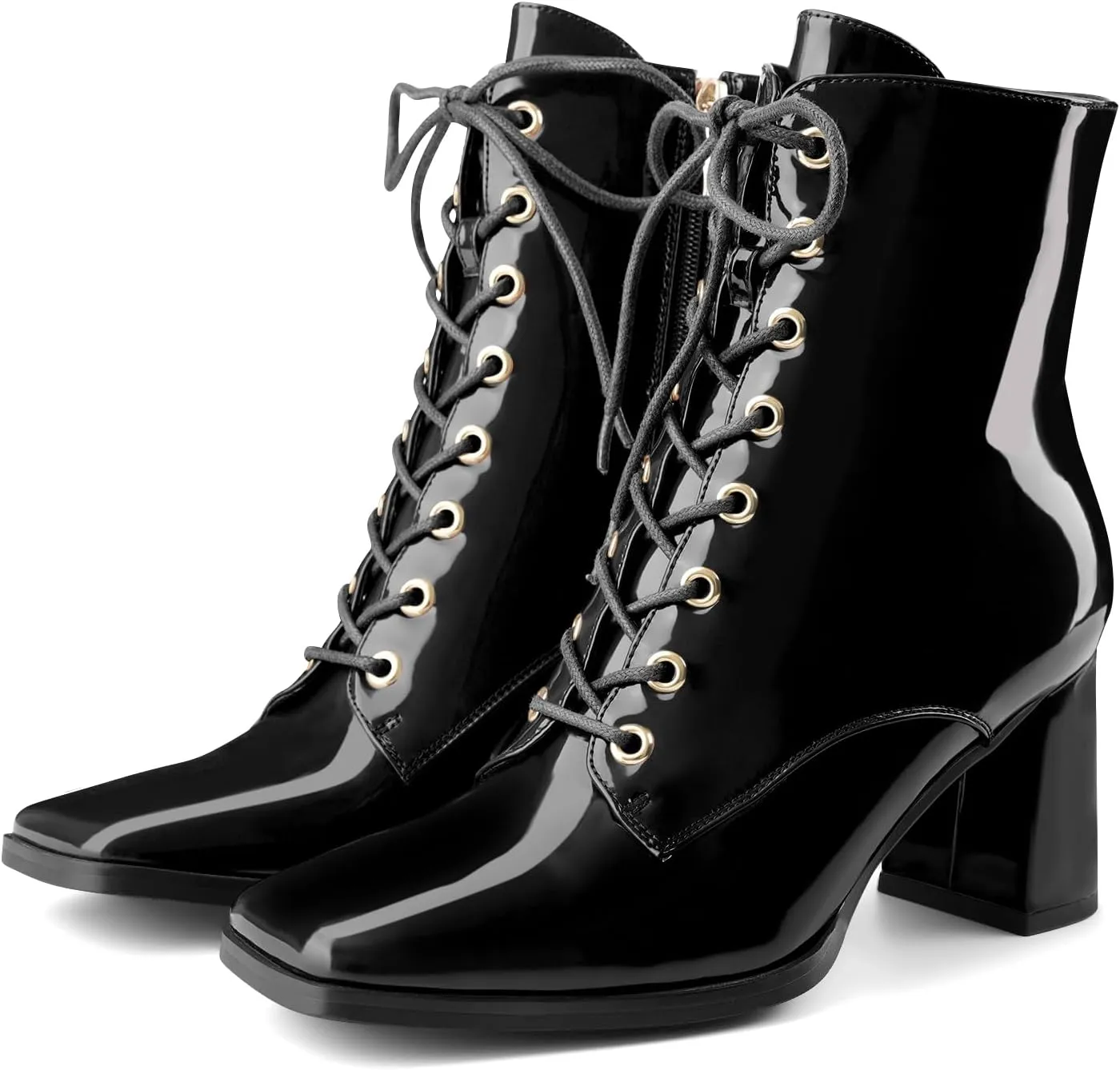 Oh Mispares Women's Chunky Heel Ankle Boots Square Toe Lace-up Chunky Block Heeled Side Zipper Short Booties Comfortable Walking Boot Shoes