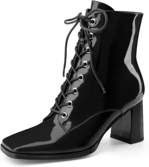 Oh Mispares Women's Chunky Heel Ankle Boots Square Toe Lace-up Chunky Block Heeled Side Zipper Short Booties Comfortable Walking Boot Shoes