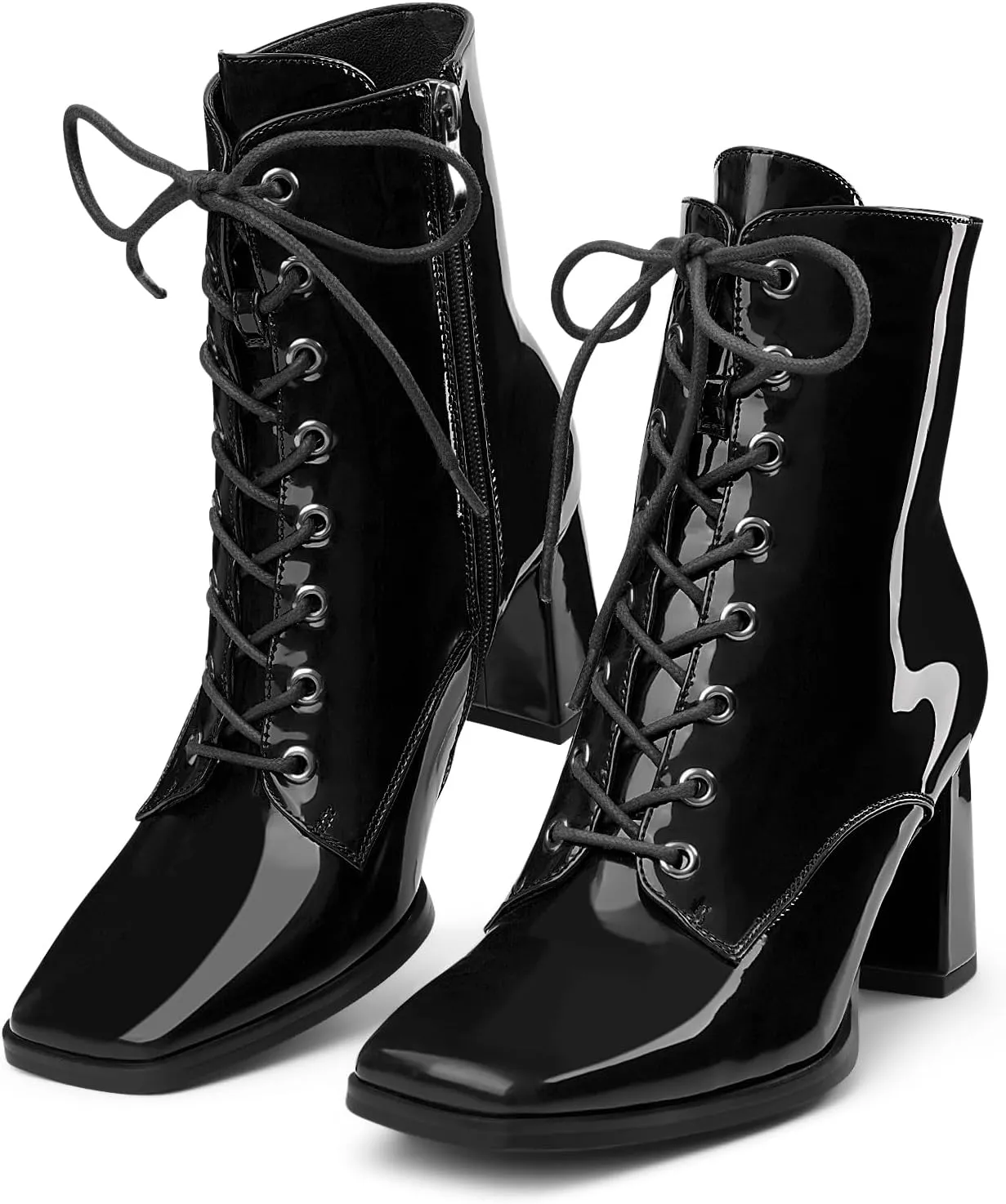 Oh Mispares Women's Chunky Heel Ankle Boots Square Toe Lace-up Chunky Block Heeled Side Zipper Short Booties Comfortable Walking Boot Shoes