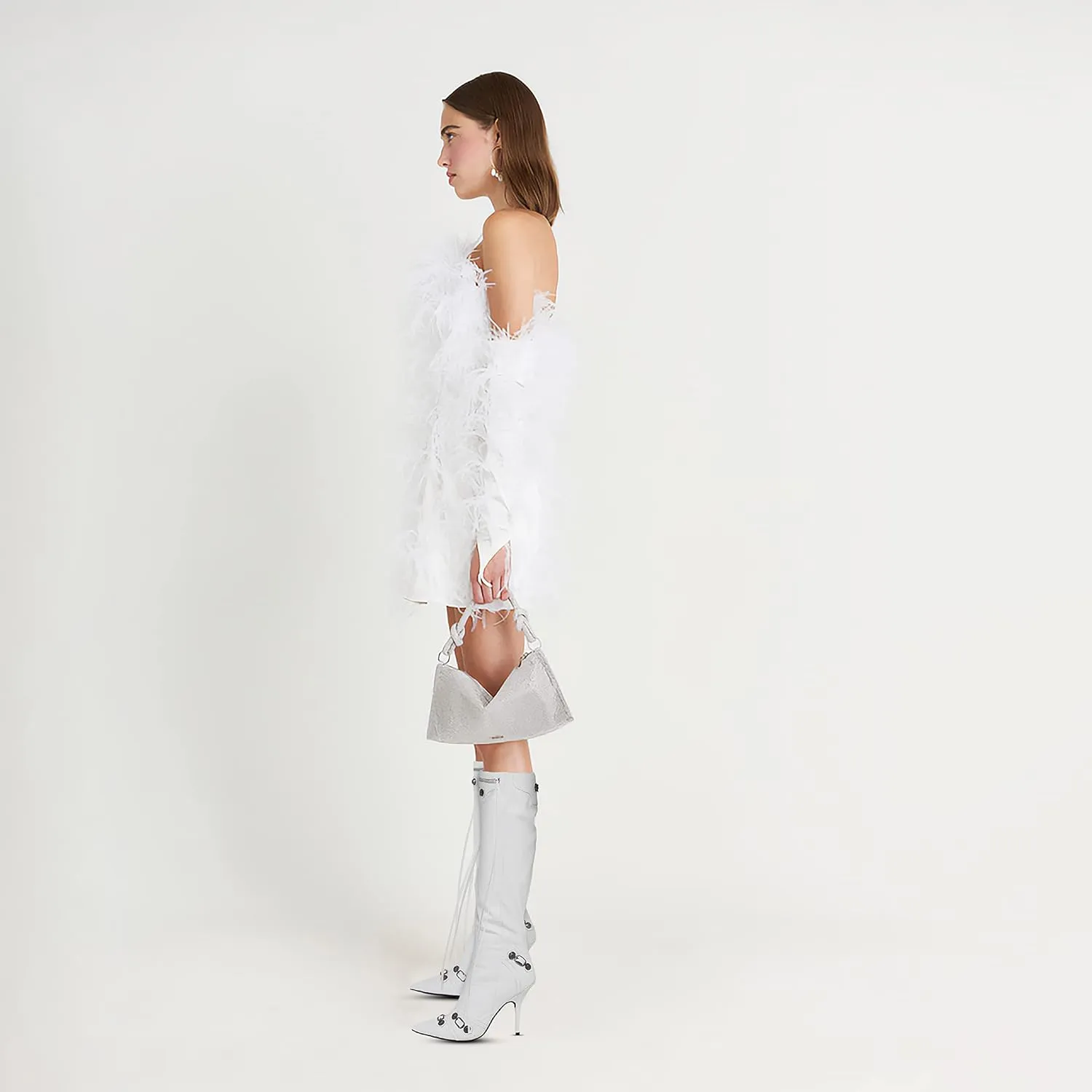 Oiamenne Knee High Boots for Women Fashion Slide Zipper Pointed Toe Stiletto Studded High Heel Rivets Tassel Boots Party Dress Shoes
