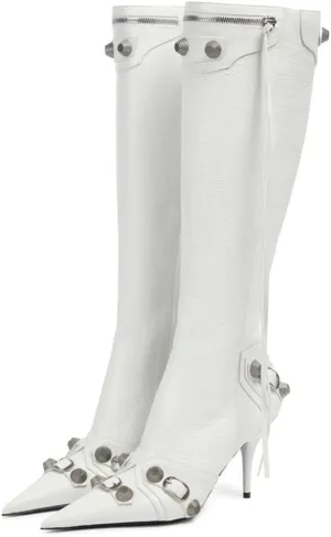 Oiamenne Knee High Boots for Women Fashion Slide Zipper Pointed Toe Stiletto Studded High Heel Rivets Tassel Boots Party Dress Shoes