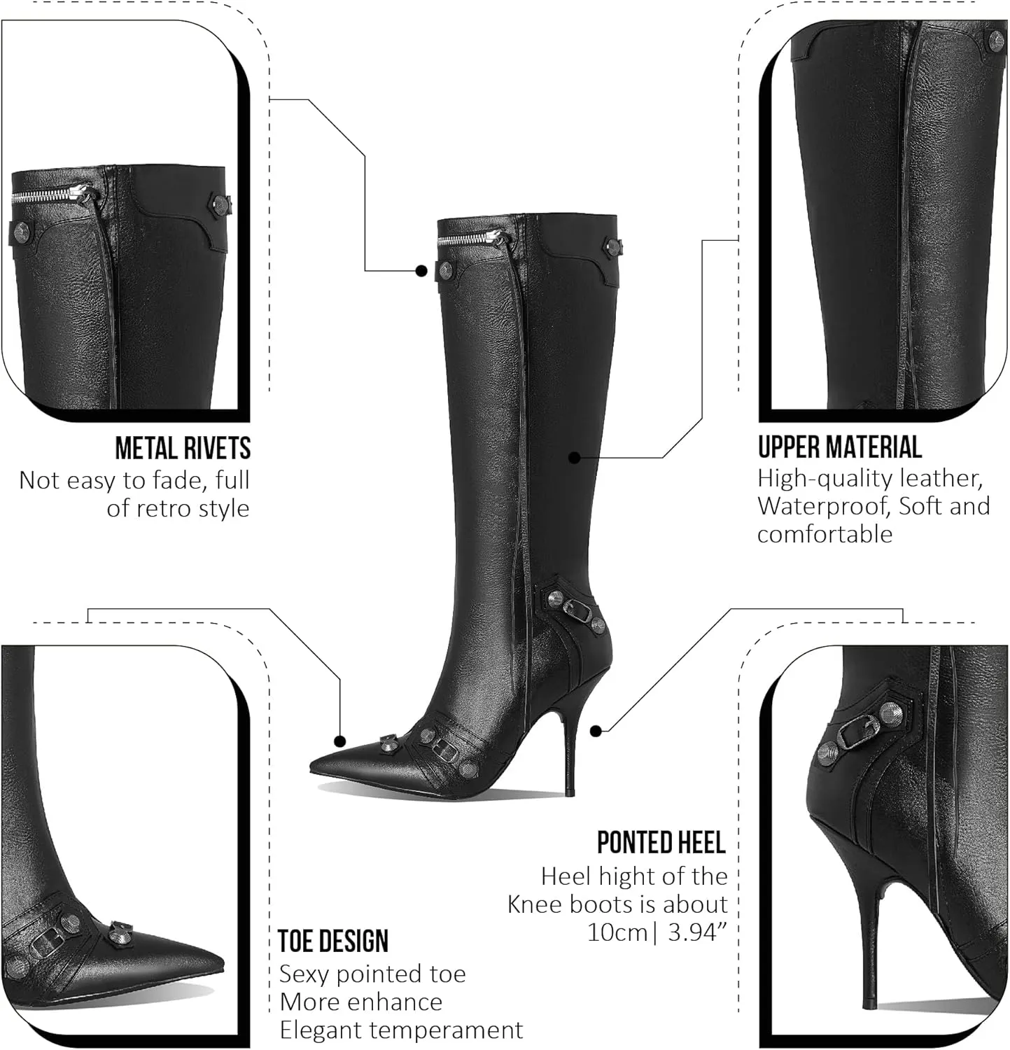 Oiamenne Knee High Boots for Women Fashion Slide Zipper Pointed Toe Stiletto Studded High Heel Rivets Tassel Boots Party Dress Shoes