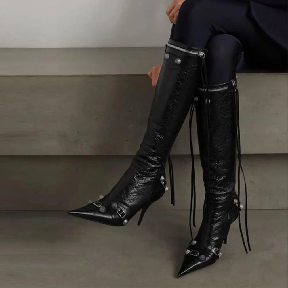 Oiamenne Knee High Boots for Women Fashion Slide Zipper Pointed Toe Stiletto Studded High Heel Rivets Tassel Boots Party Dress Shoes