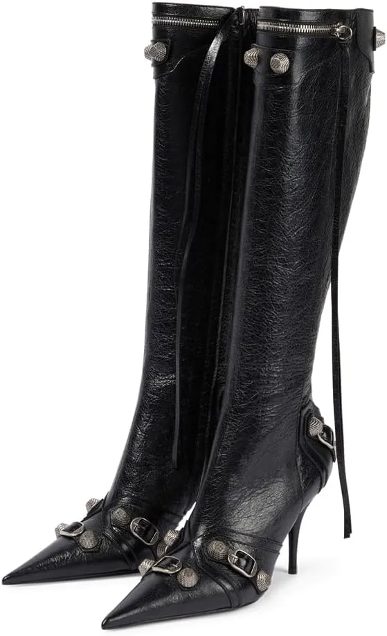 Oiamenne Knee High Boots for Women Fashion Slide Zipper Pointed Toe Stiletto Studded High Heel Rivets Tassel Boots Party Dress Shoes