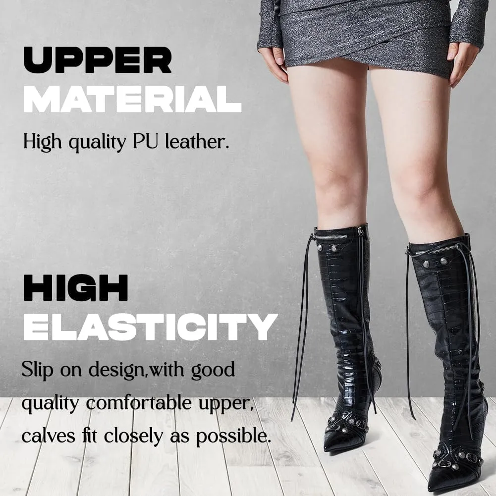 Oiamenne Knee High Boots for Women Fashion Slide Zipper Pointed Toe Stiletto Studded High Heel Rivets Tassel Boots Party Dress Shoes